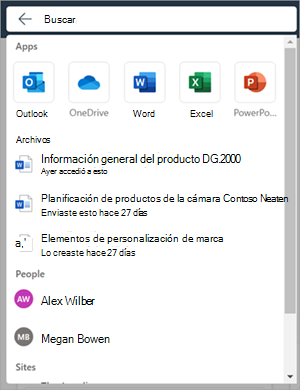 Cuadro de búsqueda de Microsoft 365 con la lista desplegable expandida cuando el foco está en el cuadro de búsqueda.