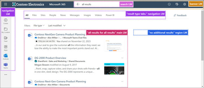 La página de resultados de la búsqueda con la palabra clave todos los resultados en el cuadro de búsqueda. Muestra todos los puntos de referencia principales en la página de resultados de búsqueda de Microsoft 365.