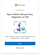 Screenshot showing the Pop-up stating the ways to sign in faster using your face, fingerprint or PIN.