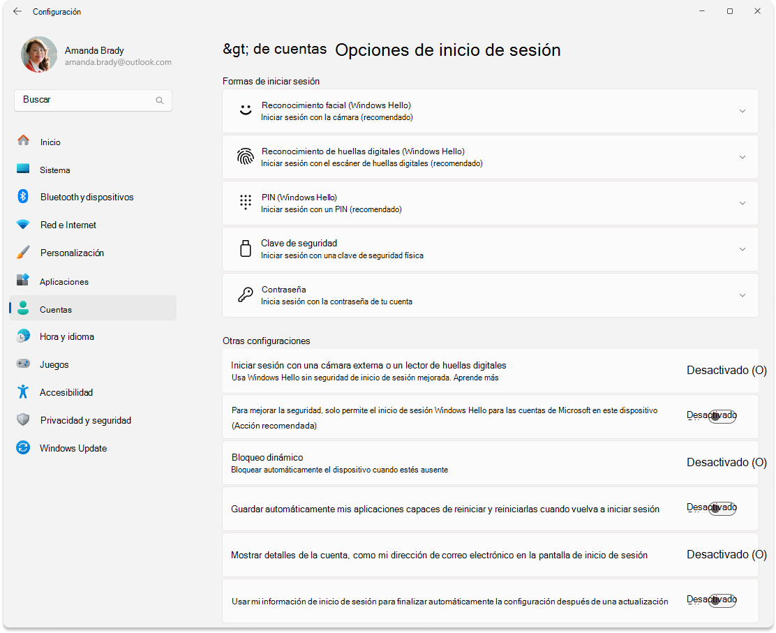 Captura de pantalla de la pantalla Opciones de inicio de sesión de Configuración > .