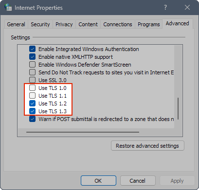 Captura de pantalla que muestra la configuración de TLS en Propiedades de Internet