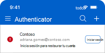 Captura de pantalla de Microsoft Authenticator que muestra el mensaje iniciar sesión para restaurar la cuenta