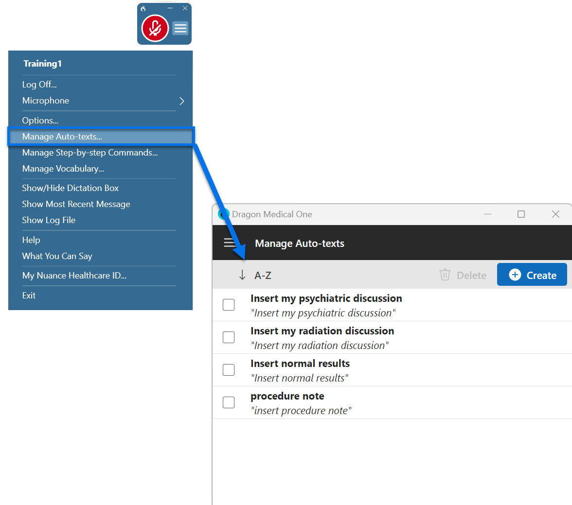 Manage Auto-texts highlighted in the DragonBar dropdown menu, and the Manage Auto-texts window open with a list of Auto-texts