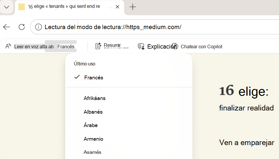 Captura de pantalla del modo de lectura Traducir.