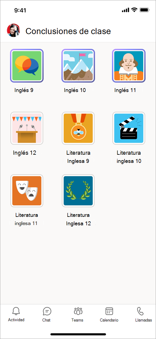 Captura de pantalla que muestra Teams en un dispositivo móvil en Class Insights, ver iconos para ocho equipos de clase.