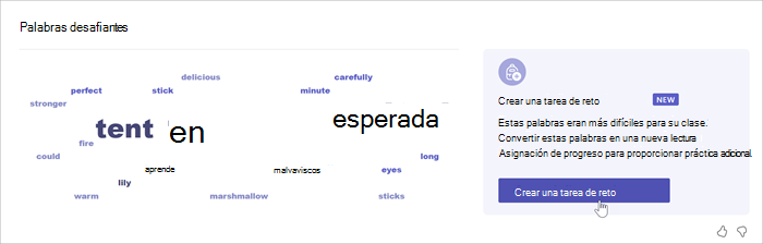 Captura de pantalla que muestra una nube de palabras que muestra las palabras que los alumnos más han leído incorrectamente. Cuanto mayor sea la palabra, más veces los alumnos han cometido un error. el ratón pasa por encima de la palabra notorio y una ventana emergente muestra que se ha cometido un error 52 veces.