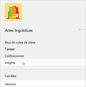 Captura de pantalla del panel de navegación izquierdo en Teams, una lista muestra el bloc de notas de clase, las tareas, las calificaciones y, después, la información.
