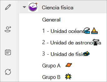 Captura de pantalla que muestra la lista de canales del equipo de clase.