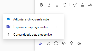 Captura de pantalla que muestra el menú de datos adjuntos de archivo con las opciones de cargar y archivo en la nube.