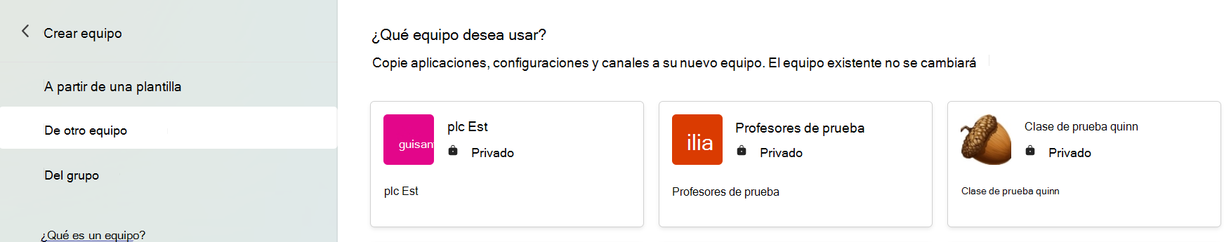 Captura de pantalla que muestra cómo seleccionar un equipo para copiar aplicaciones, configuraciones y canales.