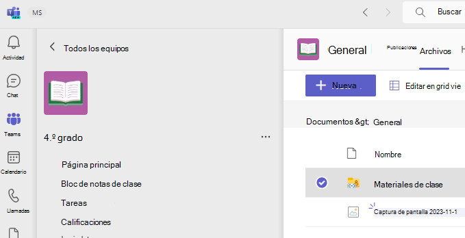 Captura de pantalla que muestra los materiales de clase.