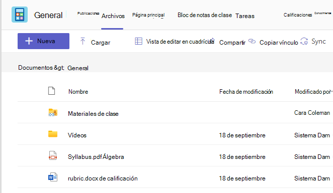 Captura de pantalla que muestra Files pestaña que muestra los materiales de clase y los archivos compartidos.