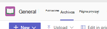 Captura de pantalla que muestra la pestaña Files en un canal de Teams.
