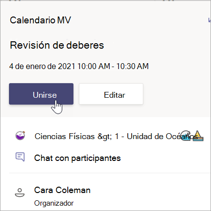 Captura de pantalla que muestra la tarjeta de reunión de revisión de tareas con el botón Unirse.