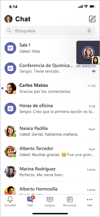 Chat de Sala para sesión de subgrupo en móviles.