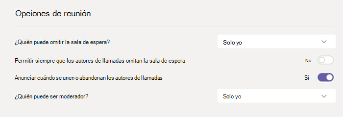 Opciones de reunión en Teams.