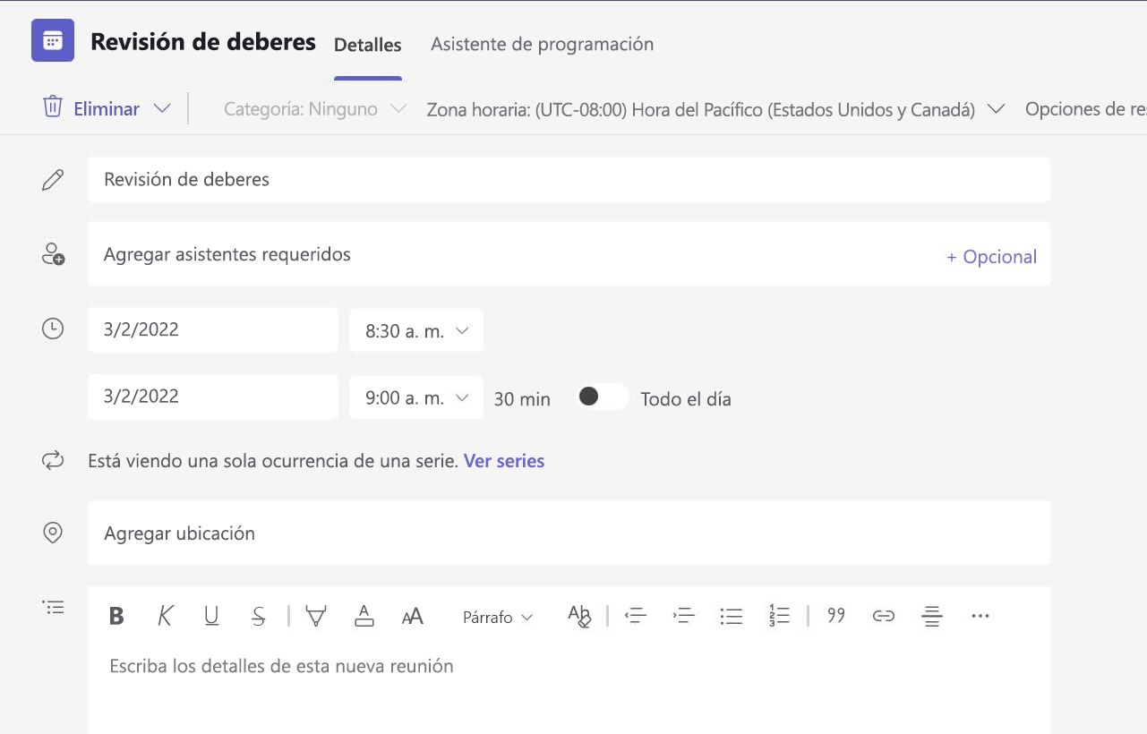 Captura de pantalla de sin detalles de la reunión en la versión web de Teams.