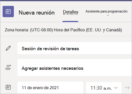 Captura de pantalla que muestra el nuevo formulario de reunión en Teams con los campos de título, asistentes, fecha y hora.