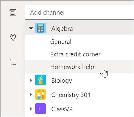 Captura de pantalla que muestra cómo elegir el canal del equipo para la clase.