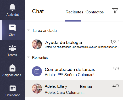 Captura de pantalla que muestra cómo seleccionar Chat en la barra de la aplicación.