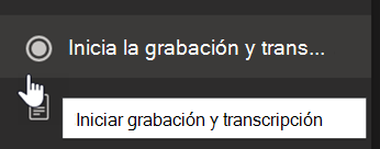 Captura de pantalla que muestra la opción Iniciar grabación y transcripción en el menú de una reunión de Teams.