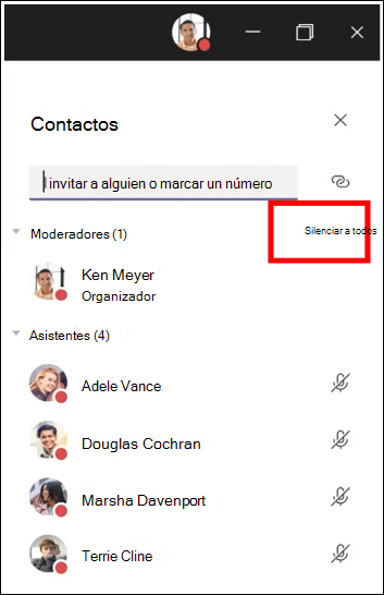 Puede silenciar a todos los participantes de una reunión.
