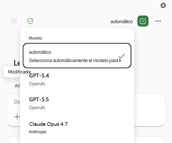 Captura de pantalla del menú del selector de modelos de Copilot en Excel, con la opción Auto seleccionada.