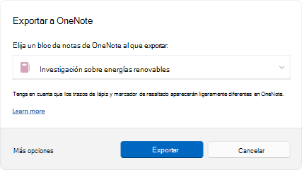 Cuadro de diálogo Exportar a OneNote
