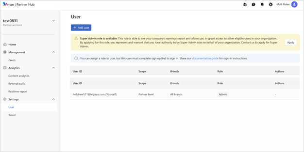 Notificación de rol de usuario Administración en MSN Partner Hub