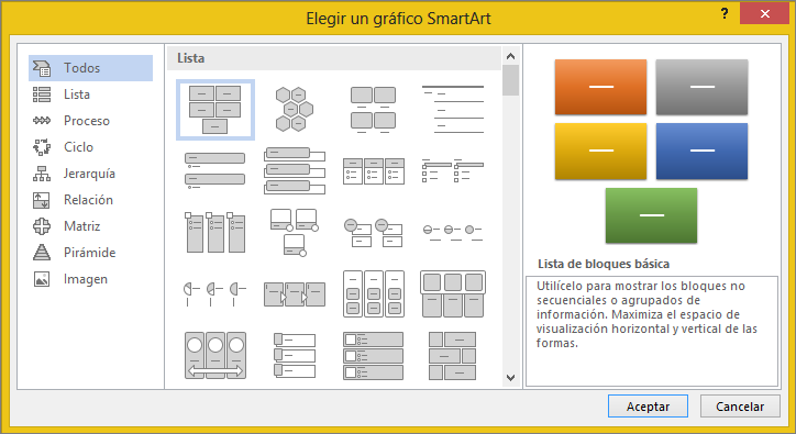 Opciones en el cuadro de diálogo Elegir un elemento gráfico SmartArt