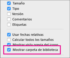 Configuración Mostrar archivos de la biblioteca en las opciones de vista del buscador