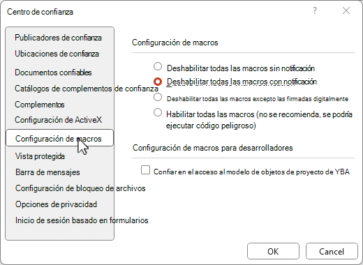Configuración de macros del Centro de confianza