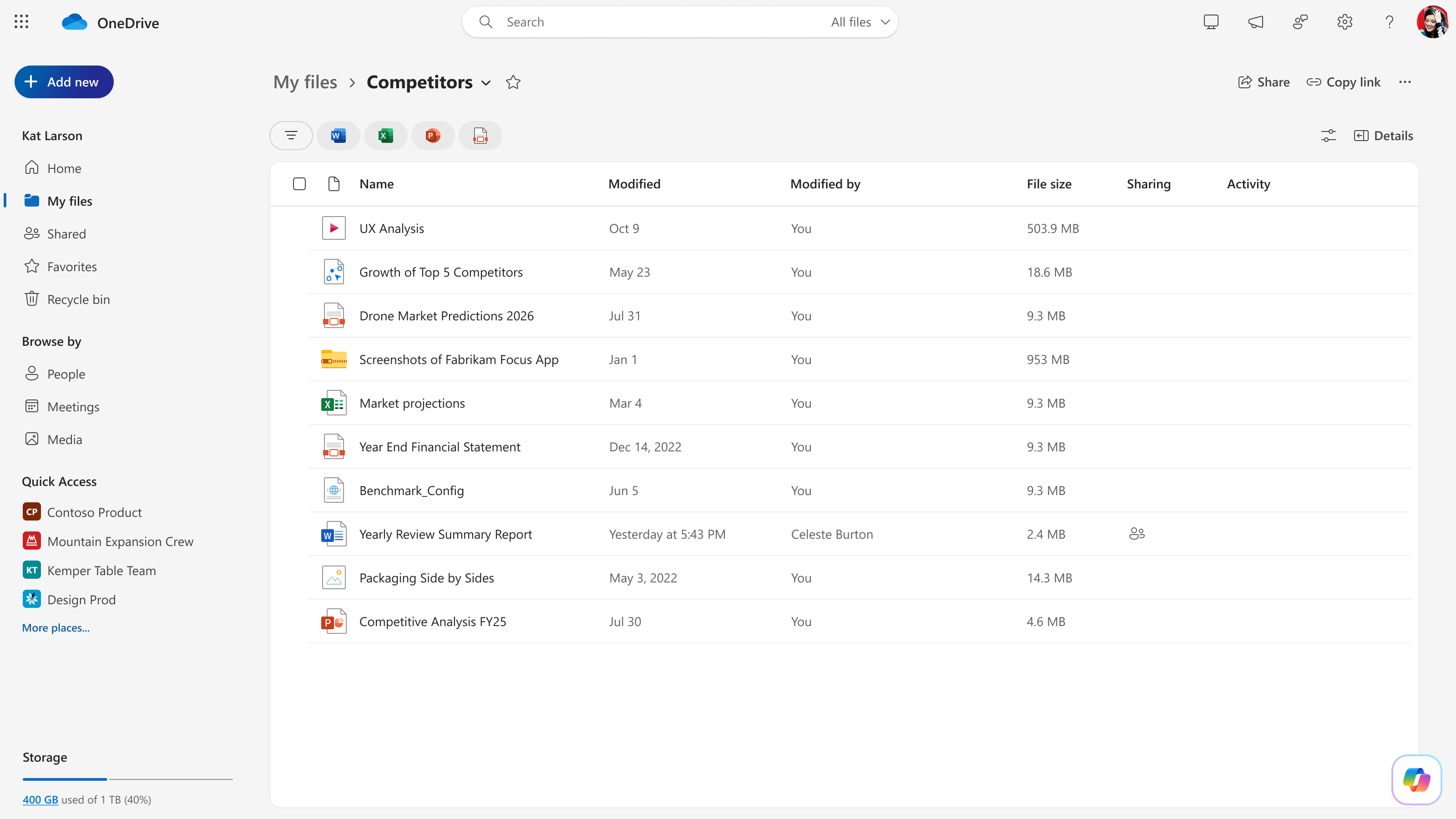 Botón Copilot en OneDrive
