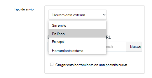 Lista desplegable de tipo de envío con la opción En línea resaltada