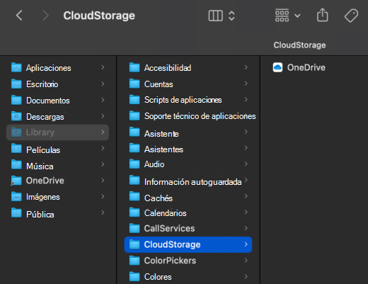 Captura de pantalla de Finder de macOS que muestra la ubicación de OneDrive