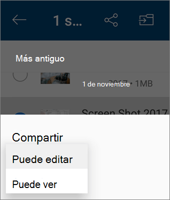 Captura de pantalla que muestra cómo cambiar el permiso al compartir en la aplicación de OneDrive para Android