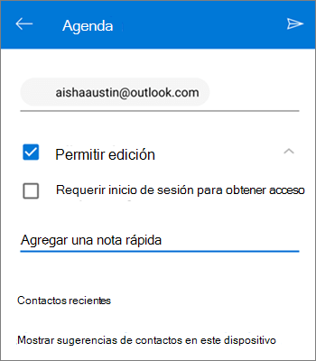 Captura de pantalla de invitar a personas a compartir un archivo desde OneDrive para Android