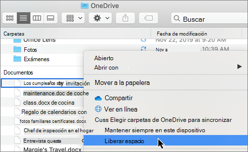 Captura de pantalla de opciones de OneDrive Files a petición en Finder en un equipo Mac