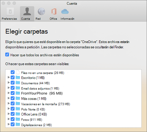 El cuadro de diálogo Elegir carpetas en la ventana Preferencias de OneDrive para Mac