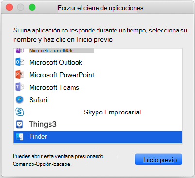 Captura de pantalla del Finder en el cuadro de diálogo Forzar la salida de aplicaciones en un equipo Mac