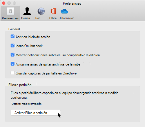 Captura de pantalla de Preferencias en Mac para OneDrive Files a petición