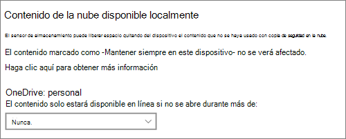 Windows 10 lista desplegable Almacenamiento para seleccionar cuándo hacer que los archivos de OneDrive solo estén disponibles en línea