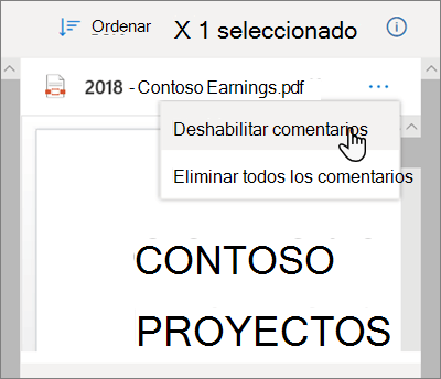 Panel Detalles de OneDrive, con la opción Deshabilitar comentarios seleccionada en el menú desplegable