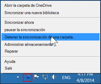 Comando Detener la sincronización de una carpeta en el menú de OneDrive para la Empresa