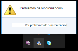 Cuadro de diálogo inicial de problemas de sincronización al hacer clic en el icono de nube