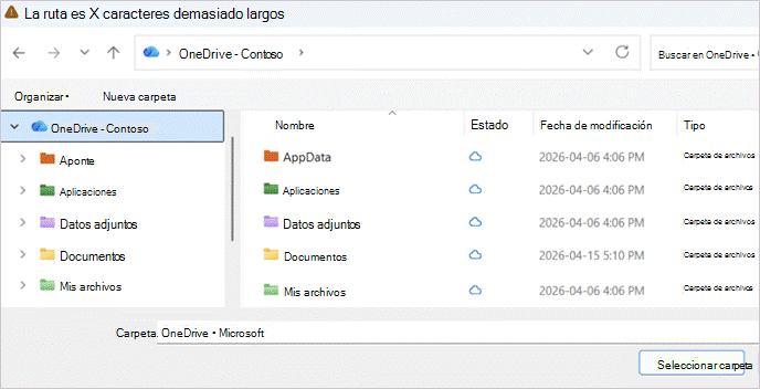 Captura de pantalla que muestra Explorador de archivos con rutas que son demasiado largas.