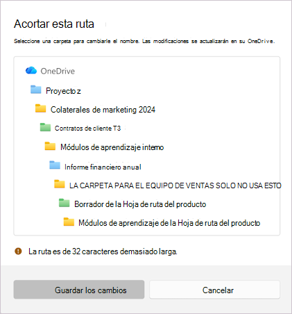 Captura de pantalla que muestra el mensaje para acortar el nombre de archivo seleccionado.