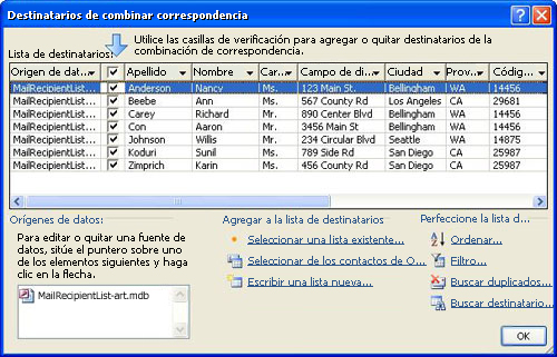 Lista de correo básica en el cuadro de diálogo Destinatarios de combinar correspondencia