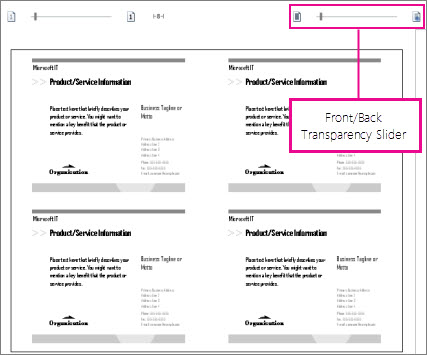 El control deslizante de imprimir vista previa sirve para ver la parte delantera y trasera de la publicación y así ver si se alinean correctamente.