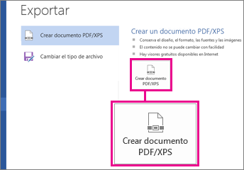 Cree un botón PDF/XPS en la pestaña Exportar en Word 2016.